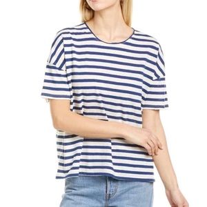 Madewell Linen Tshirt Raw Edged Hangout Tee Ashmead Stripe Sz S Blue & White